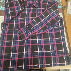 Foxcroft Womens Plaid Button Down Shirt - Black, Pink, Blue